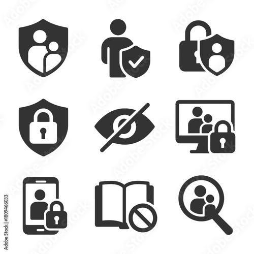 Privacy and security icons: lock, shield, eye, computer, phone, book, magnifying glass.
