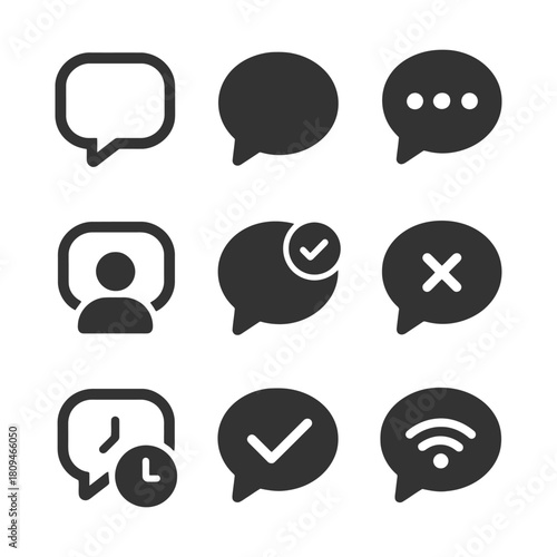 Set of communication icons including chat bubbles, profile, check, and wi-fi symbols.