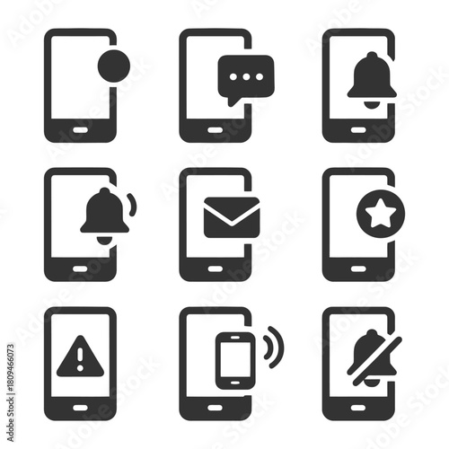 Mobile notification icons set: alert, message, email, bell, silent, favorite.
