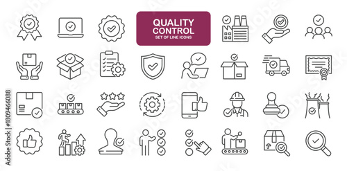 Set of line icons related to quality control. Outline icons collection