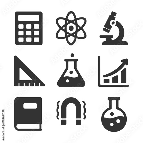 Science and math symbols: calculator, atom, microscope, ruler, flask, graph, book, magnet.