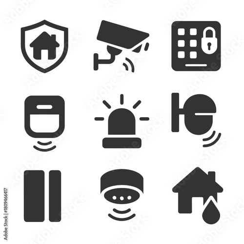 Home security icons: camera, alarm, lock, shield, sensors.