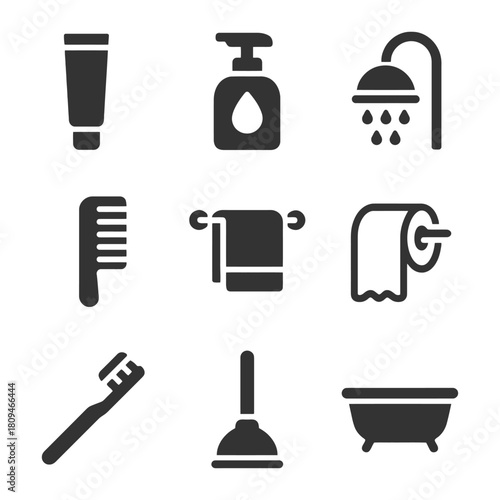 Bathroom essentials icons: tube, soap dispenser, shower, comb, towel, toilet paper, toothbrush, plunger, bathtub.