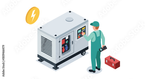A professional technician in green overalls operates a large industrial generator using a digital control panel in this isometric vector illustration focused on power supply and equipment maintenance