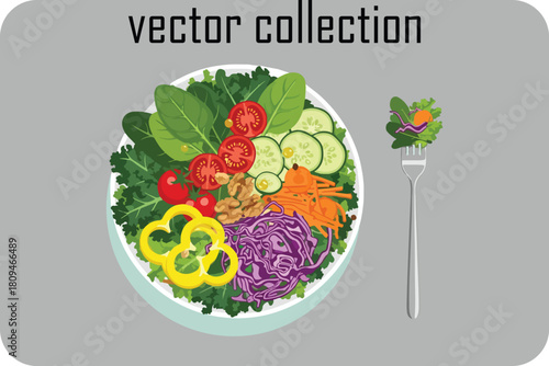 Vibrant vector salad bowl with fresh vegetables and a fork healthy eating illustration
