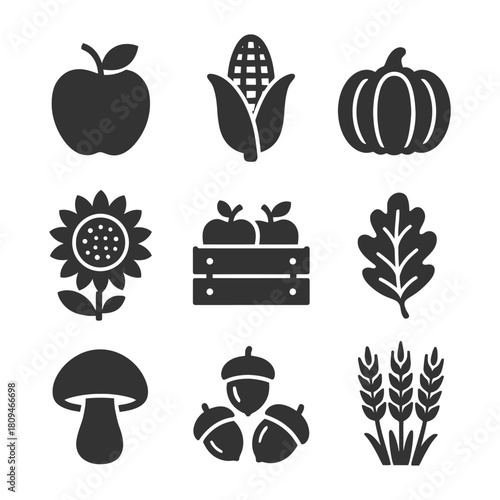 Harvest icons: apple, corn, pumpkin, sunflower, crate, leaf, mushroom, acorns, wheat.