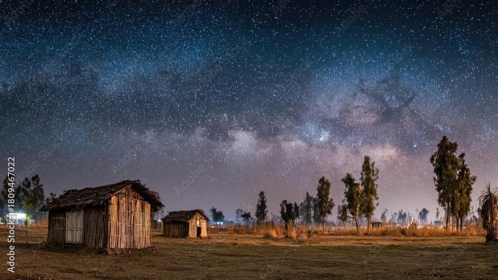 Naklejka premium Star-filled night sky over a rural field with simple thatched huts and scattered trees. Concept Starry Night Sky, Rural Landscape, Thatched Huts, Scattered Trees, Night Sky Photography