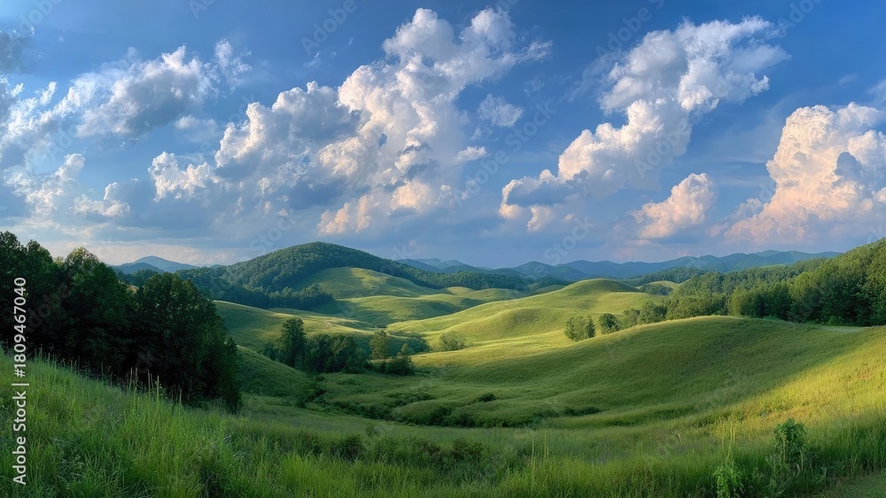 Fototapeta premium Green rolling hills and meadows with scattered trees under a blue sky dotted with fluffy white clouds. Concept Pastoral Landscape, Rolling Hills and Meadows, Scattered Trees, Blue Sky with Clouds