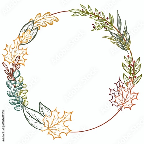 А beautiful and cozy autumn wreath decorated with golden and brown leaves, perfect for festive interior or exterior home decor. The wreath is designed in warm autumn colors
