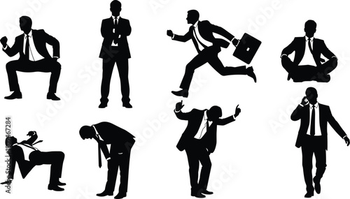 Silhouette collection of business people in dynamic poses, running, sitting, celebrating, stressed, professional office worker vector illustration set for corporate design use