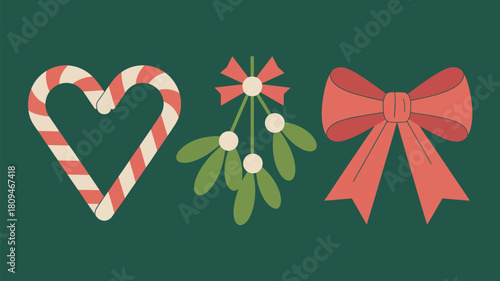 Festive christmas elements featuring a candy cane heart mistletoe and a red bow on a green background