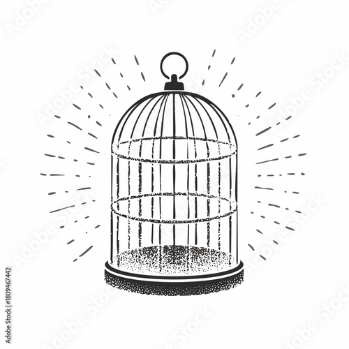 Empty bird cage illustration with vintage halftone stipple effect. Grunge punk collage design element inspired by retro grungy aesthetics. 