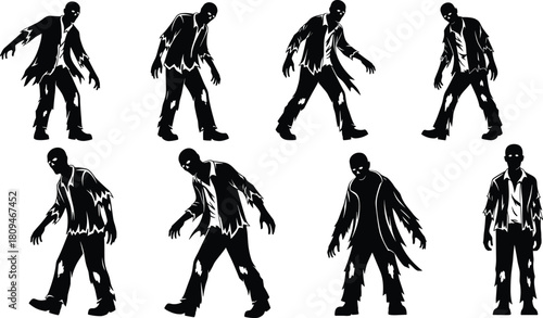 Silhouette collection of zombies in creepy walking poses, tattered clothing, horror undead characters, spooky vector illustration set for Halloween, thriller, and fantasy designs