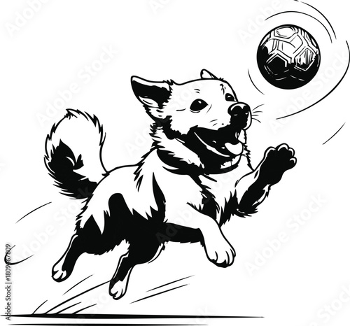 Dog practicing fetch training with ball, playful minimal style, black outline on white