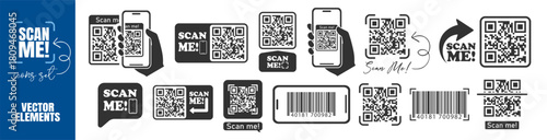 QR code set for smartphone scan me icons, barcode payment elements and mobile app design on transparent background