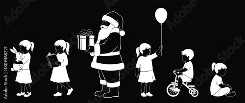 WebSilhouette illustration of Santa Claus giving gifts to children with toys, balloons, animals, and festive elements, Christmas holiday celebration vector design, black and white artwork