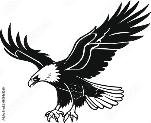 Eagle catching prey mid-air, dynamic minimal line art, clean outlines, black on white vector.