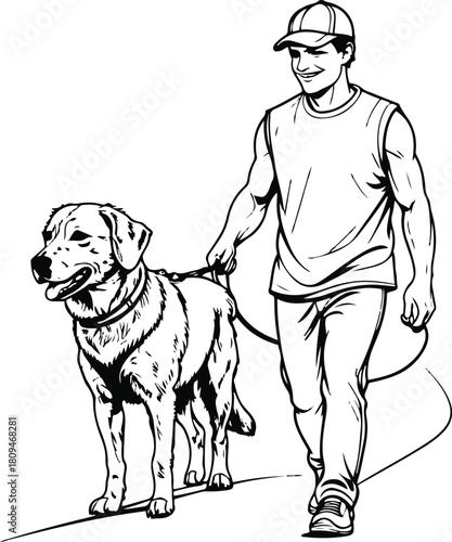 Dog walking on leash during training, handler beside, simple clean vector line illustration