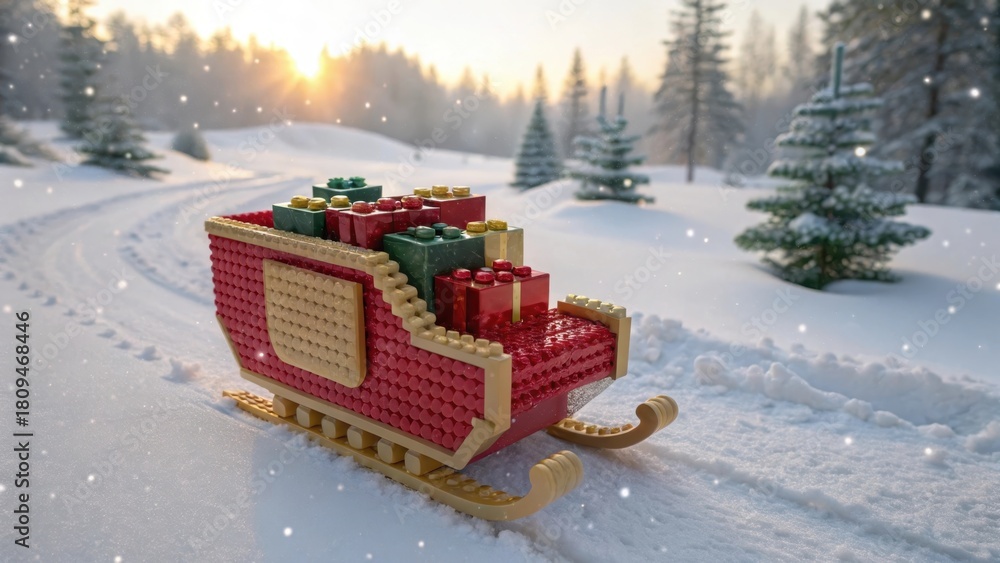 Fototapeta premium A Santa sleigh filled with Christmas gifts in snowy landscape