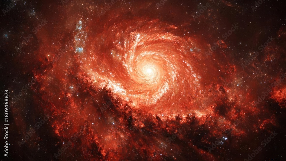 Fototapeta premium A bright spiral galaxy with a glowing nucleus and red, star-forming arms winding around in a spectacular swirl. Concept Spiral Galaxy, Glowing Nucleus, Red Star-Forming Arms, Cosmic Swirl