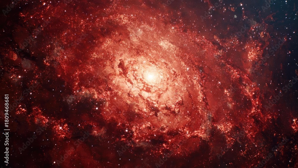 Fototapeta premium A red-tinted spiral galaxy with a bright central bulge and glowing star-forming knots along its dusty, winding arms. Concept Red-tinted spiral galaxy, Bright central bulge