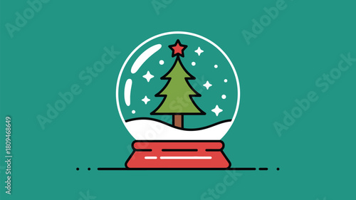 A cartoon illustration of a christmas tree inside a snow globe with a red base and a teal colored background