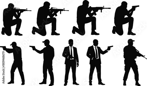 WebSilhouette collection of armed figures in various tactical and defensive stances, 