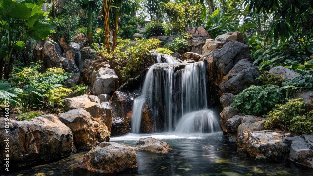 Naklejka premium A gentle waterfall flows over rocks into a clear pool, surrounded by lush tropical plants and boulders. Concept Waterfall Photography, Tropical Landscape, Clear Pool, Lush Foliage, Rocky Boulders