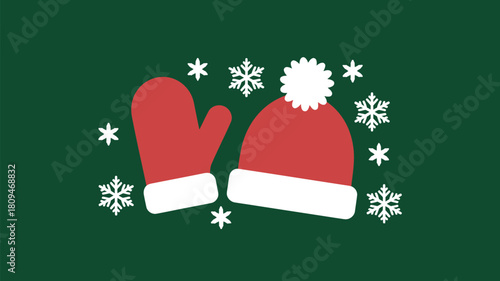 A christmas themed image featuring a red mitten, a red hat with a pompom, and snowflakes scattered around