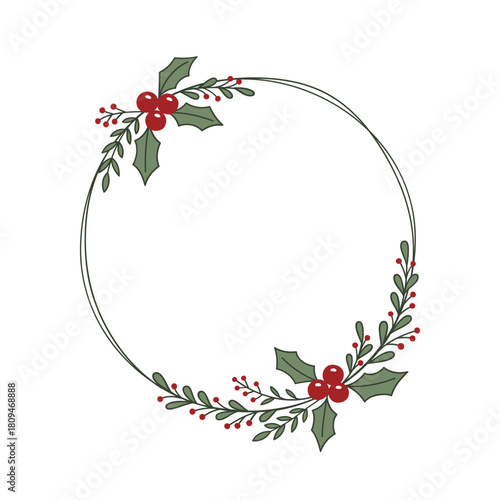 Botanical Christmas wreath with branches, leaves and berries. Round hand drawn frame for your text