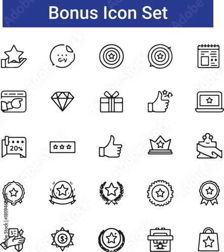 Benefit icon set. Reward related icons: bonus, loyalty, star, employee benefit, winner, award, prize, incentive and more.
