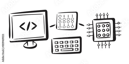 A computer monitor displays code, connected to a keyboard, an abacus, and a central processing unit chip.