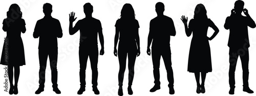 WebSilhouettes of diverse standing men and women in various casual poses, full body vector illustration depicting communication, gestures, interaction and modern lifestyle concepts