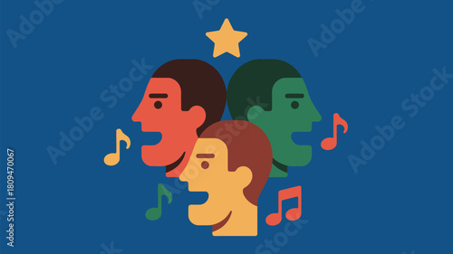 Illustration of three stylized heads singing with music notes and a star on a blue background