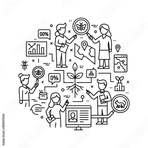 Team of researchers analyzing environmental data and agricultural growth