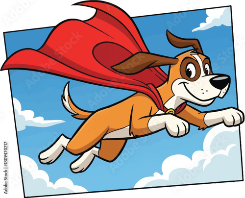 Cartoon superhero dog flying through the sky with his cape billowing in the wind
