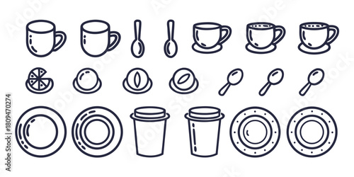 A collection of line art illustrations of various cups, saucers, spoons, and takeaway coffee cups.