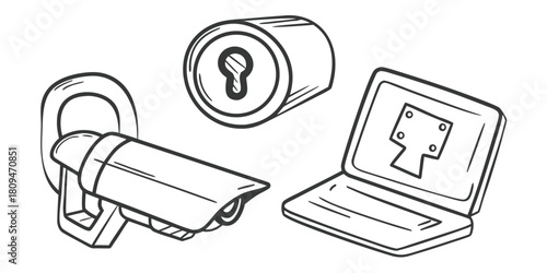 A security camera, a lock cylinder, and a laptop are displayed together.