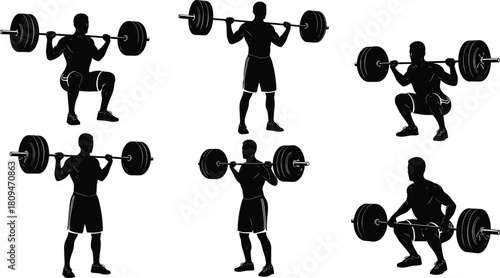 WebDynamic vector illustration showing multiple barbell squat exercise positions,