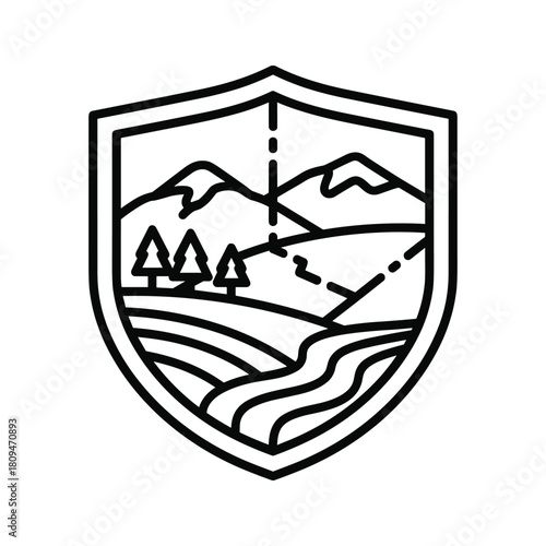 Nature conservation shield with mountains, forest, and winding river