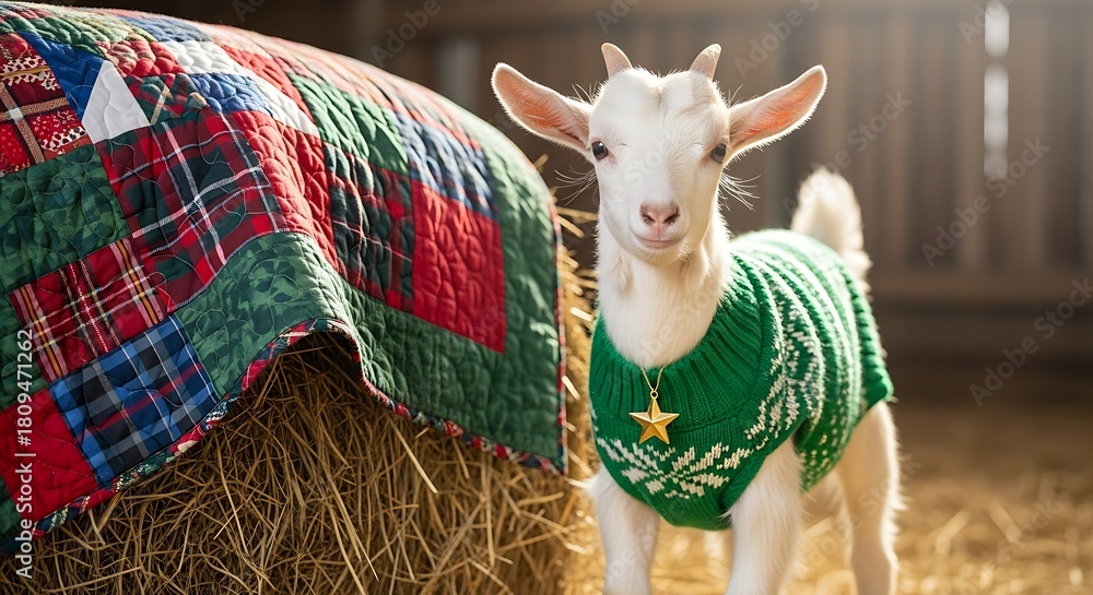 custom made wallpaper toronto digitalA cute baby goat wearing a green christmas sweater with a star stands next to a hay bale and a colorful patchwork quilt in a barn