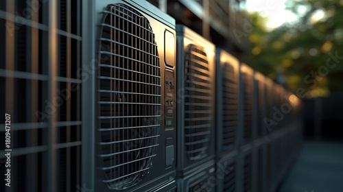 Air Conditioners Units Close Up with Industrial Cooling, and City Exterior.