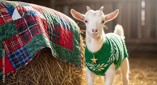 Wallpaper Mural A cute baby goat wearing a green christmas sweater with a star stands next to a hay bale and a colorful patchwork quilt in a barn Torontodigital.ca