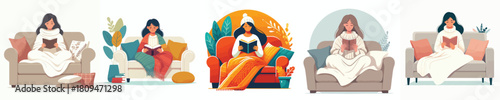 someone reading a book while covered in a thick blanket on the sofa (winter and Christmas theme). Vektor, design, minimalist, illustrations, set icon