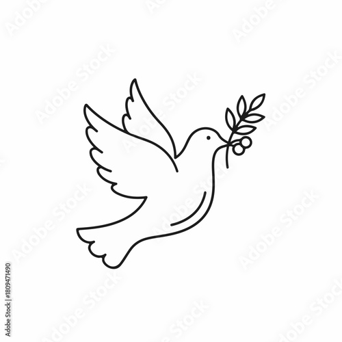 Graceful dove holding olive branch, symbol of hope and peace. Dove carrying olive branch is an emblem of serenity and reconciliation. This peace dove brings calm vibes,