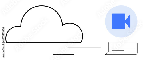 Cloud outlined with motion lines alongside a video call icon and text message bubble. Ideal for collaboration, communication, remote work, cloud services, connectivity, technology, simple flat