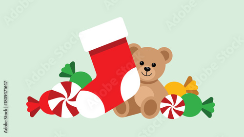 A christmas stocking with a teddy bear and wrapped candies on a light green background illustration