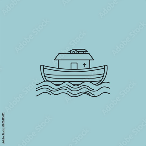 Noah's ark boat on water in a minimalist style illustration. Noah's ark drawing is a simple representation of biblical story, evoking nostalgia and wonder.