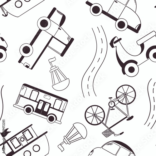 A fun and vibrant seamless pattern featuring a variety of vehicles: cars, bikes, buses, boats,mopeds, and pickup trucks. Perfect for children's products, packaging for toys,books, bedding, clothes
