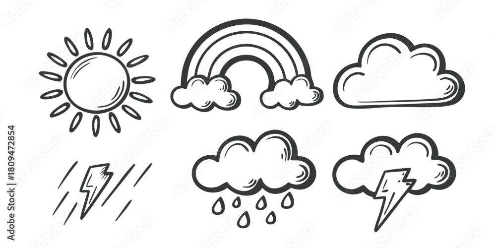Obraz premium A collection of hand-drawn weather icons including the sun, rainbow, clouds, and lightning.